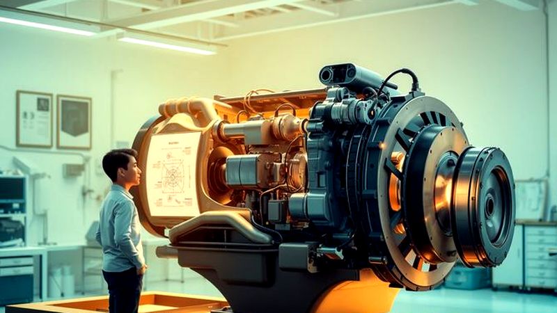 Un ingeniero observa meticulosamente el motor complejo