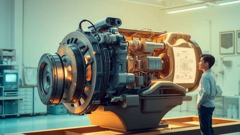 Un ingeniero observa meticulosamente el motor complejo